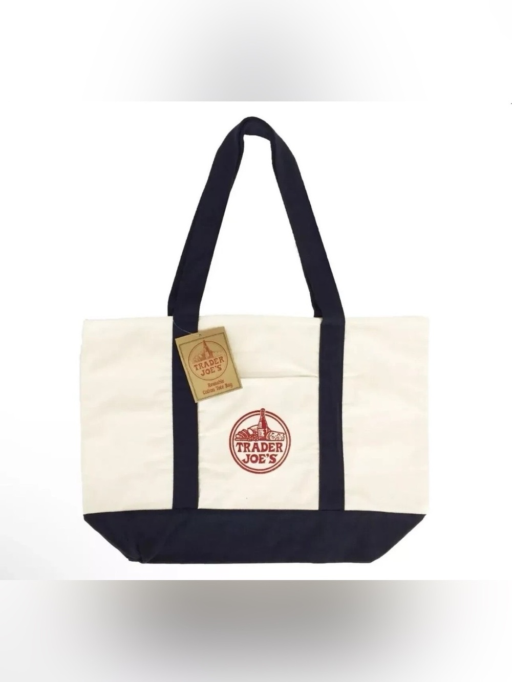 NWT Trader Joe’s Reusable Large Tote Bag in Navy Blue/Canvas White